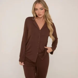 Flash Sale Long Sleeve Shirt And Straight Leg Trousers Pyjama Set In Brown Nightwear & Lingerie