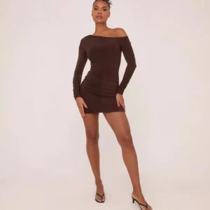 Best Long Sleeve Slash Neck Double Layer Ruched Mini Bodycon Dress In Chocolate Brown Slinky Dresses | Mini Dresses
