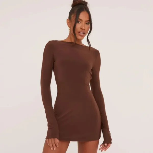 New Long Sleeve Slash Neck Open Back Mini Dress In Slinky Long Sleeve Dresses | Backless Dresses