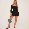 Hot Long Sleeve Square Neck Ruched Side Puffball Mini Dress In Black Winter Dresses | Sexy Dresses