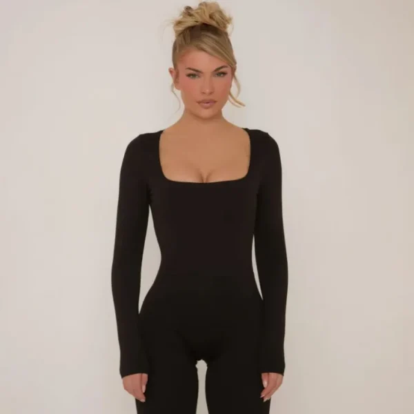 Hot Long Sleeve Square Neck Super Stretch Jumpsuit In Jumpsuits & Playsuits