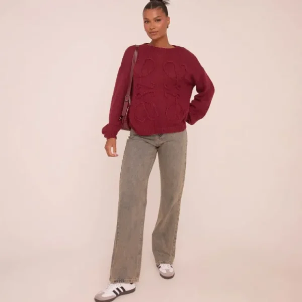 Flash Sale Long Sleeve Swirl Detail Jumper In Burgundy Knit Tops | Knitwear