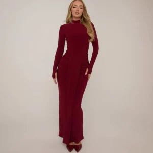 Store Long Sleeve Thumb Hole High Neck Bodysuit In Burgundy Matching Sets | Winter Outfits