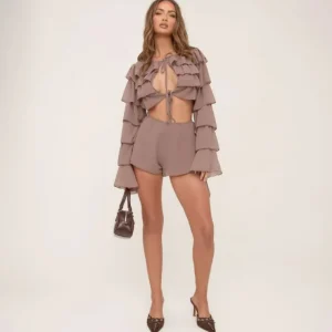 Sale Long Sleeve Tie Front Frilly Crop Top In Mocha Brown Winter Sun