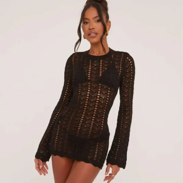 Outlet Long Sleeve Tie Open Back Mini Bodycon Dress In Crochet Knit Knitted Dresses | Long Sleeve Dresses