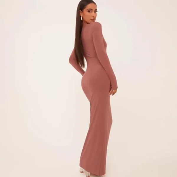 Outlet Long Sleeve Twist Waist Detail Maxi Dress In Brown Slinky Maxi Dresses | Long Sleeve Dresses