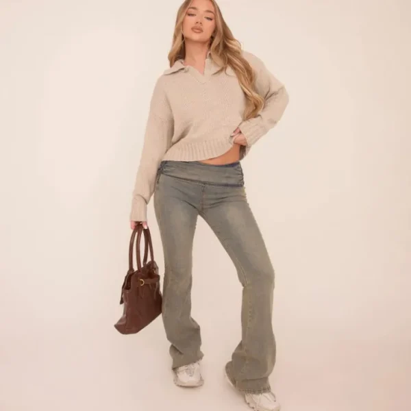 Fashion Long Sleeve V Neck Jumper In Beige Knit Casual Knitwear | Going Out Knitwear