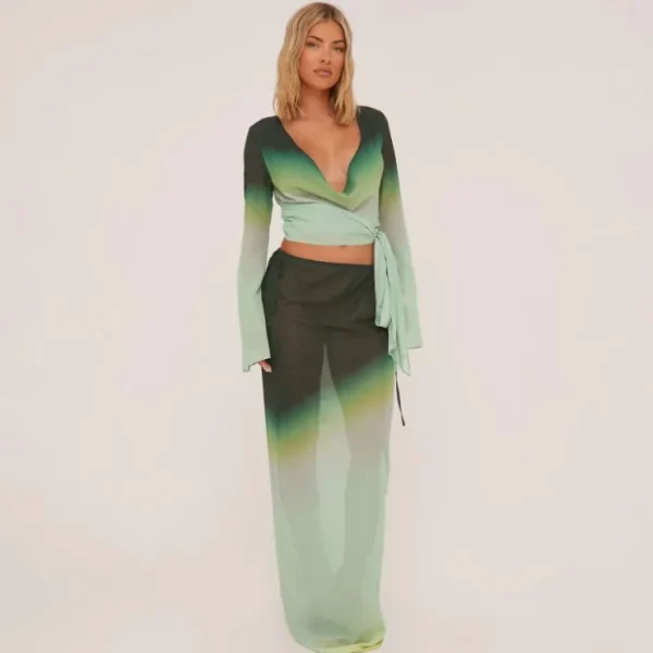 Best Sale Long Sleeve Wrap Over Top In Green Ombre Mesh Winter Sun | Long Sleeve Tops