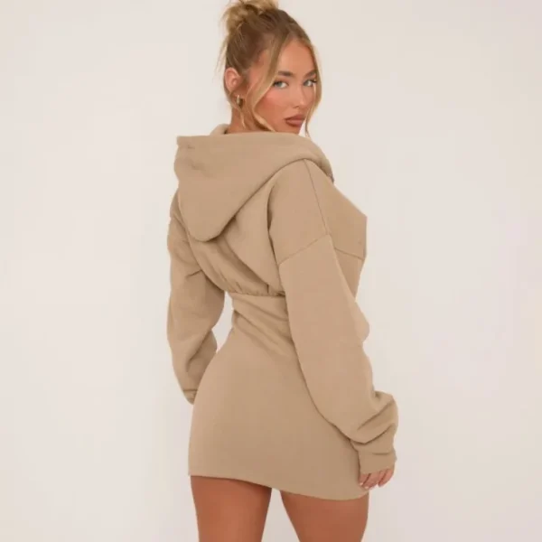 Cheap Long Sleeve Zip Front Cinched Waist Hooded Jumper Dress In Taupe Brown Winter Dresses | Long Sleeve Dresses