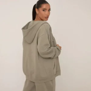 New Long Sleeve Zip Up Oversized Hoodie In Khaki Matching Sets | Coats & Jackets