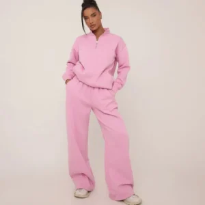 Discount Long Sleeze Half Zip Seam Detail Oversized Sweatshirt In Pink Loungewear | Loungewear