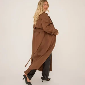 Fashion Longline Trench Coat In Brown Faux Suede Coats & Jackets