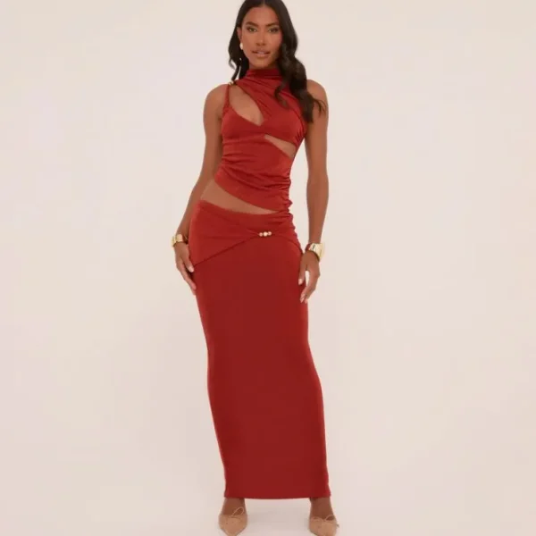Shop Low Rise Beaded Detail Draped Maxi Skirt In Orange Textured Slinky Winter Sun