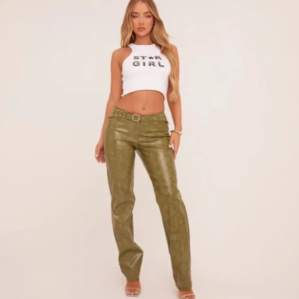 Cheap Low Rise Belt Detail Straight Leg Trousers In Green Faux Leather Trousers