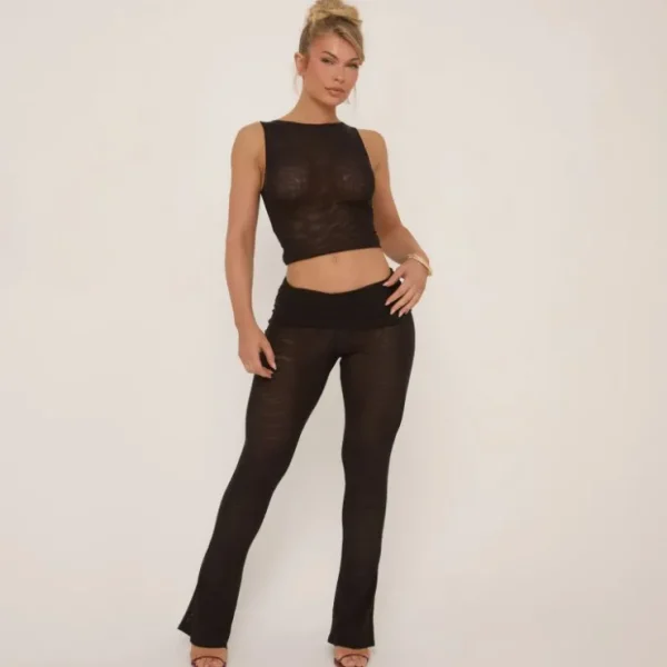Best Sale Low Rise Fold Over Flared Trousers In Black Mesh Trousers