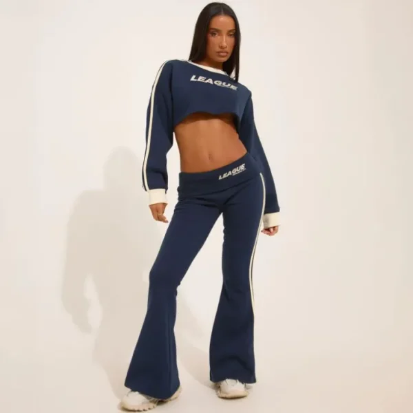 New Low Rise Fold Over Waistband League Graphic Contrast Stripe Flared Joggers In Navy Blue Loungewear | Loungewear