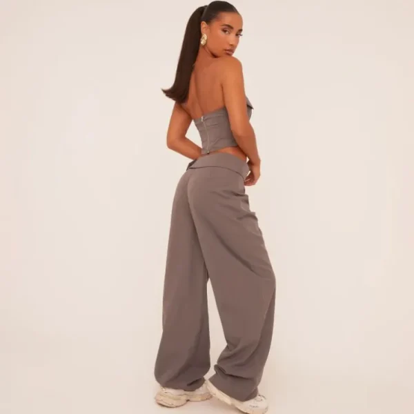Cheap Low Rise Fold Over Wide Leg Tailored Trousers In Grey Woven Winter Matching Sets
