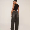 Store Low Rise Frayed Edge Side Slogan Wide Leg Jeans In Denim Jeans