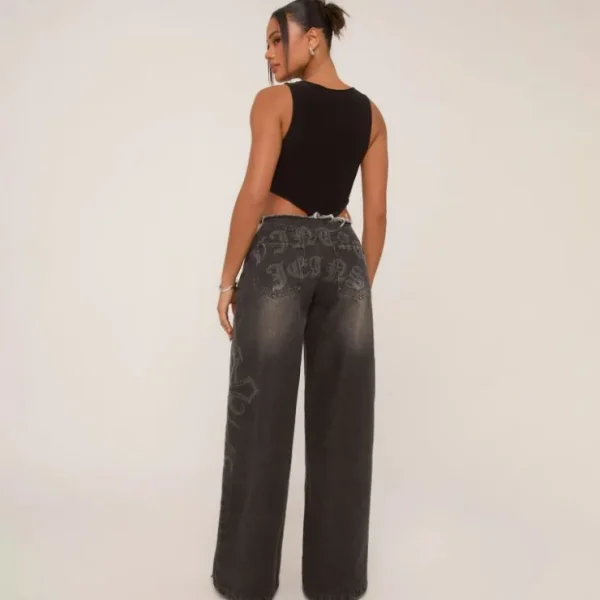 Store Low Rise Frayed Edge Side Slogan Wide Leg Jeans In Denim Jeans