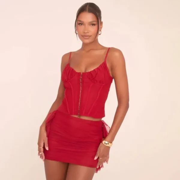 Flash Sale Low Rise Frill Edge Detail Mini Skirt In Red Mesh Skirts