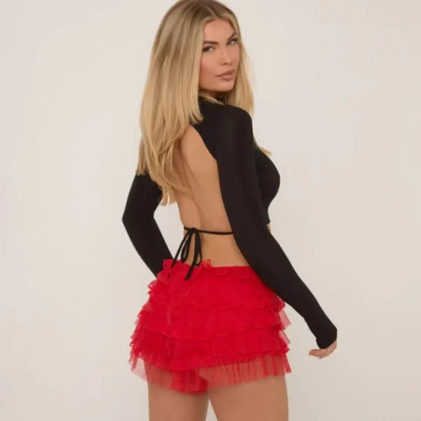 Fashion Low Rise Frilly Micro Shorts In Red Texture Shorts