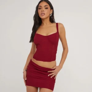 Hot Low Rise Mini Bodycon Skirt In Cherry Red Texture Winter Matching Sets