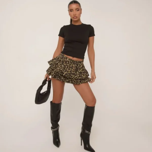 Discount Low Rise Pleated Tiered Hem Skort In Leopard Print Denim Skirts | Denim
