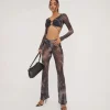 New Low Rise Ruched Detail Flared Trousers In Black Printed Mesh Trousers