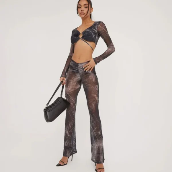 New Low Rise Ruched Detail Flared Trousers In Black Printed Mesh Trousers