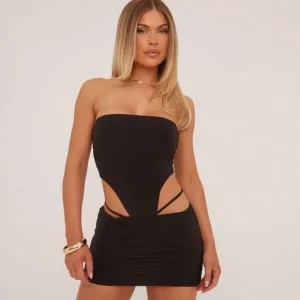 Online Low Rise Ruched Strappy Waist Mini Skirt In Black Slinky Skirts | Skirt And Top Sets