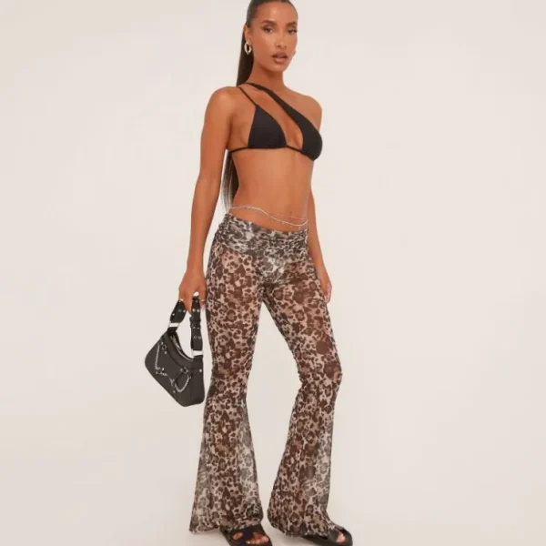 Store Low Rise Ruched Waistband Flared Trousers In Brown Leopard Print Mesh Trousers