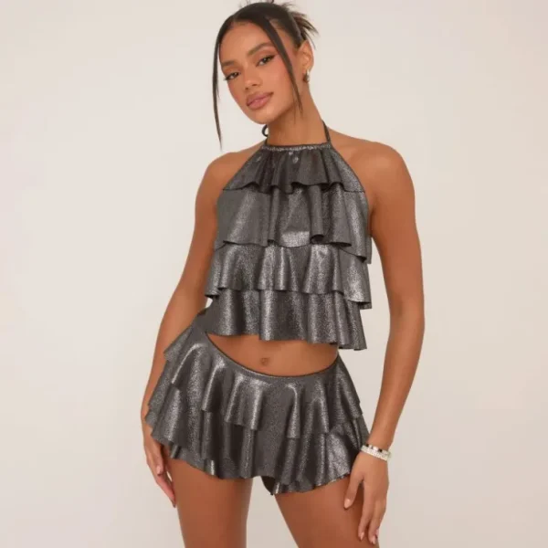 Fashion Low Rise Ruffle Frill Micro Shorts In Silver Metallic Shorts | Skirt And Top Sets