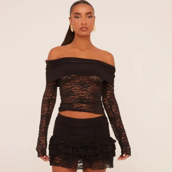Store Low Rise Slinky Waist Tiered Mini Skirt In Black Lace Skirts | Skirt And Top Sets