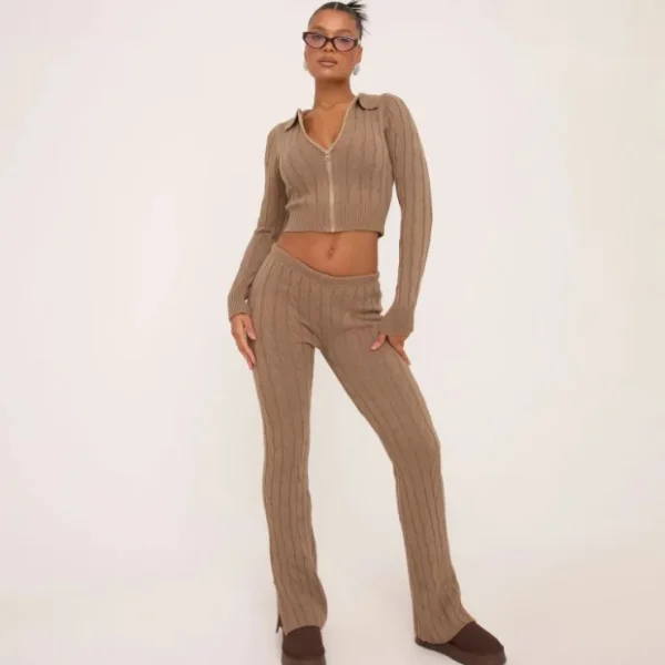 Hot Low Rise Split Hem Skinny Flare Trousers In Brown Cable Knit Trousers | Winter Outfits
