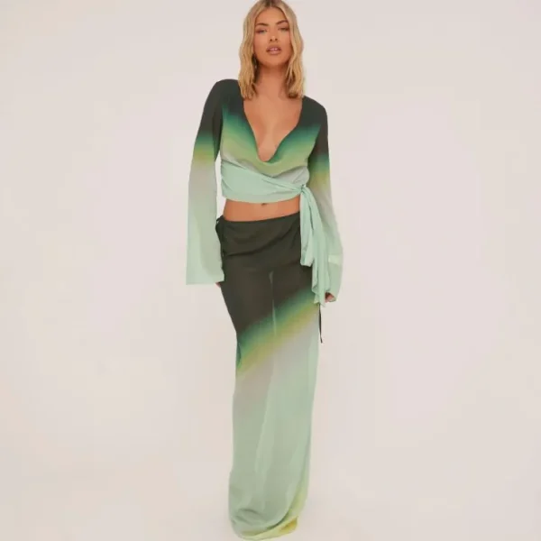 Clearance Low Rise Tie Side Maxi Skirt In Green Ombre Mesh Winter Sun