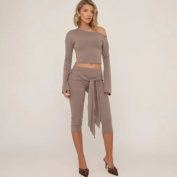 Outlet Low Rise Tie Waist Capri Leggings In Mocha Brown Basics | Basics