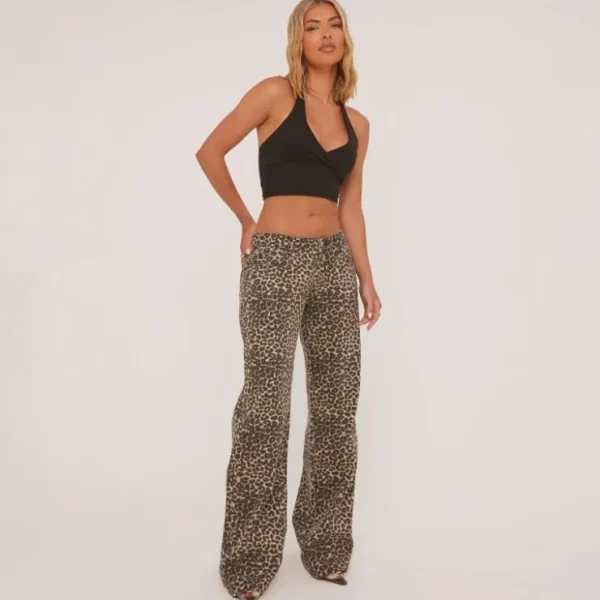 New Low Rise Wide Leg Jeans In Washed Brown Leopard Print Denim Jeans | Denim