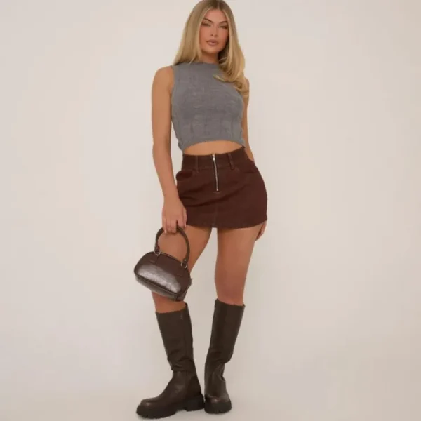 Online Low Rise Zip Front Mini Skirt In Dark Brown Denim Skirts | Denim