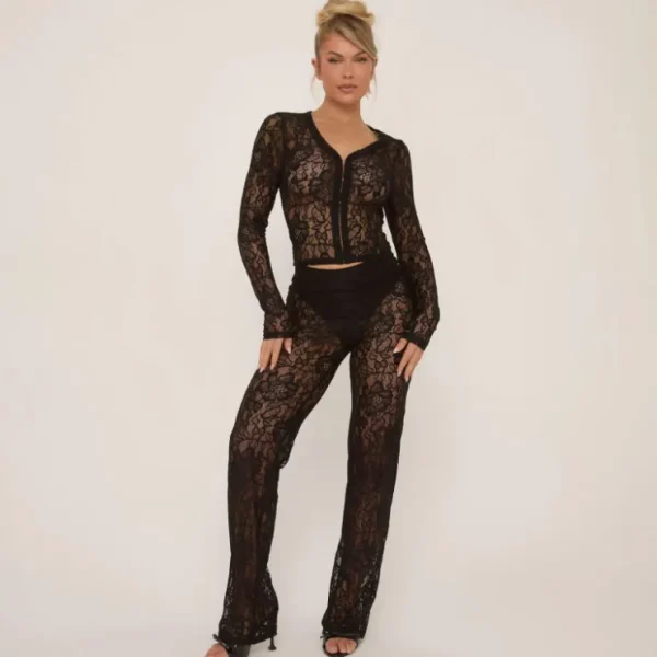 Best Sale Mid Rise Knicker Insert Straight Leg Trousers In Black Lace Trousers