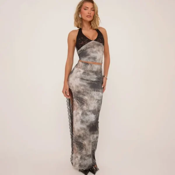 Online Mid Rise Lace Trim Maxi Skirt In Grey Printed Slinky Skirts | Skirt And Top Sets