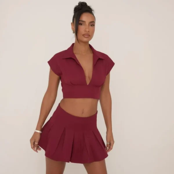 Shop Mid Rise Tailored Pleated Mini Skirt In Burgundy Woven Skirt And Top Sets