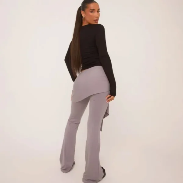 Shop Mid Rise Tie Waist Flared Trousers In Grey Trousers