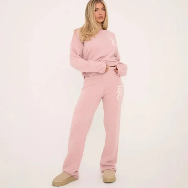 Flash Sale Mid Waist Graphic Straight Leg Trousers In Baby Pink Knit Knitwear | Knitwear