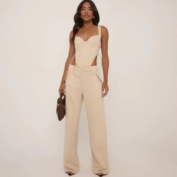 Clearance Mid Waist Wide Leg Trousers In Stone Faux Suede Trousers