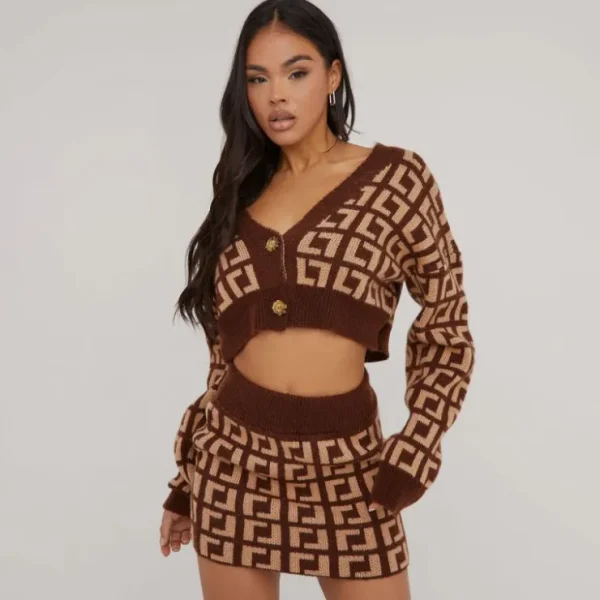 Online Mini Skirt In Brown Aztec Print Knit Knitted Co-Ords | Knitted Sets