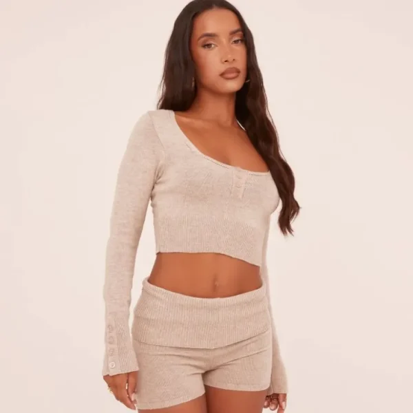 Store Mix And Match Mid Rise Fold Over Shorts In Stone Knit Shorts | Casual Knitwear