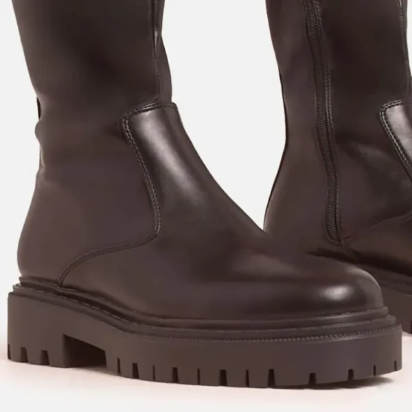 Hot Montey Side Logo Detail Chunky Sole Knee High Long Boot In Faux Leather Winter Boots | Chelsea Boots