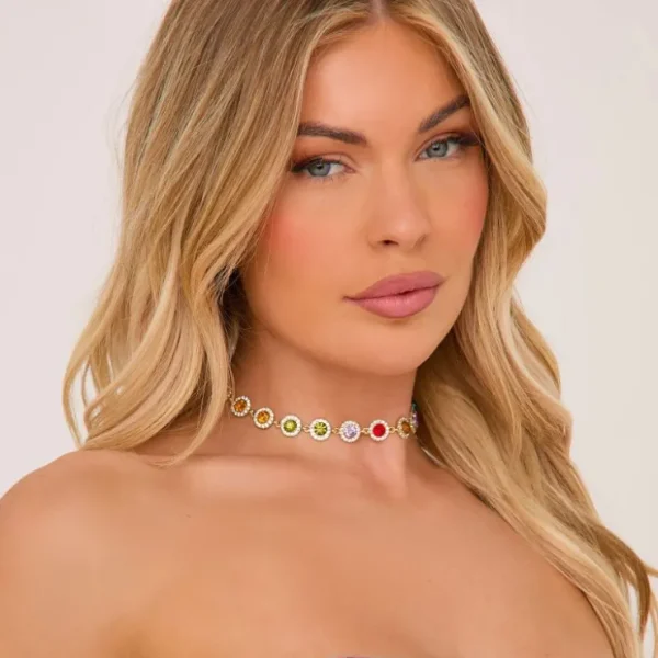 Flash Sale Multi Gem Diamante Detail Choker Neclace In Gold Jewellery | Necklaces