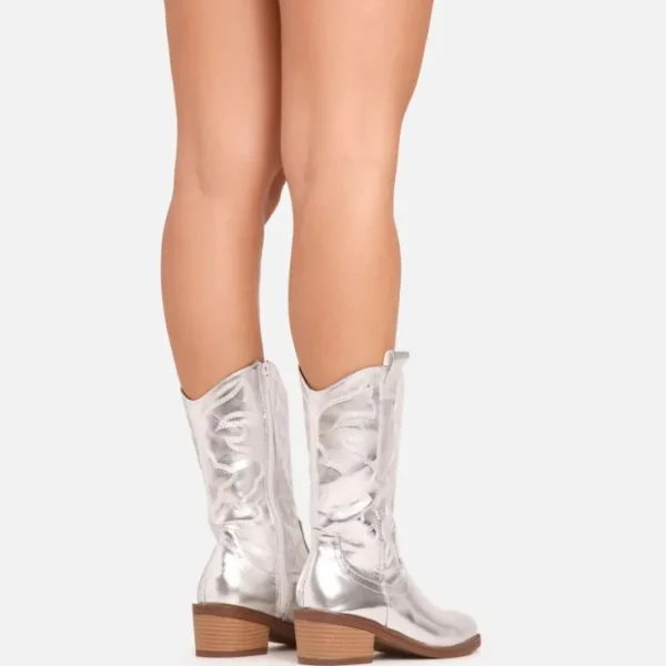 Cheap Newly Embroidered Detail Pointed Toe Mid Calf Western Cowboy Boot In Faux Leather BOY Ankle Boots | Calf Boots