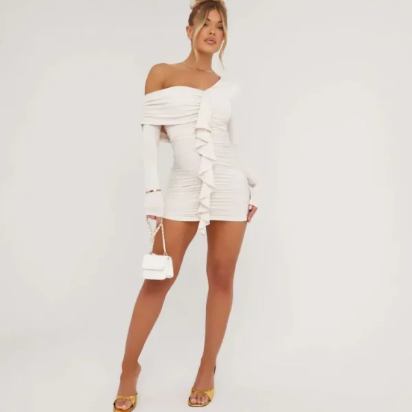 Clearance Off The Shoulder Frill Front Mini Bodycon Dress In Cream Slinky Bodycon Dresses | Basic Dresses